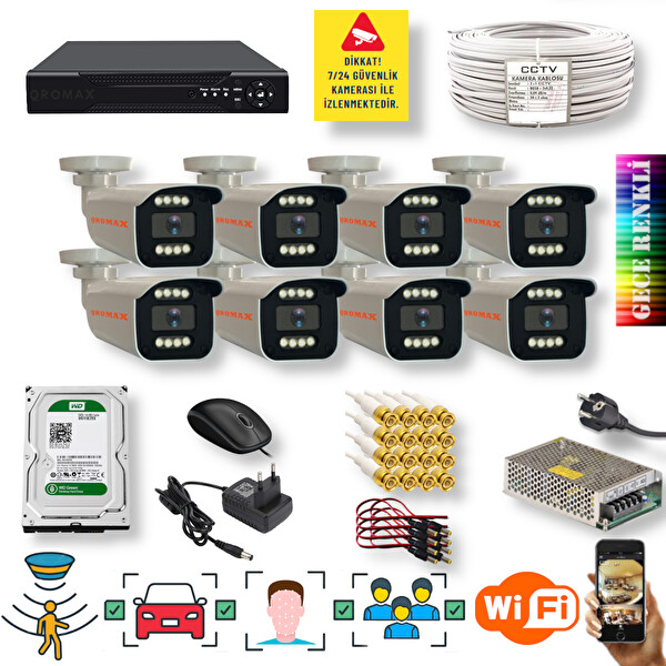 Qromax 8 Kamera Yapay Zeka Özellikli Gece Renkli Gösteren 5 MP SONY Lensli 8 Warm Ledli FHD Güvenlik Kamerası Seti 908W-9008M-8
