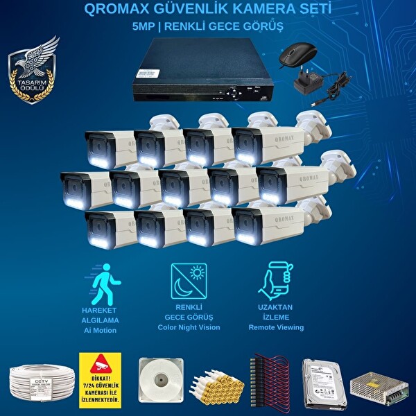 Qromax 13 Kameralı Set Gece Renkli Gösteren Hareket Algılayan 5 Mp Sony Lensli 1080p Full HD Güvenlik Kamerası Seti 908W-9016-13