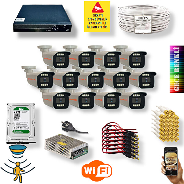 Qromax 13 Kameralı Set Gece Renkli Gösteren Hareket Algılayan 5 Mp Sony Lensli 1080p Full HD Güvenlik Kamerası Seti 908W-9016-13