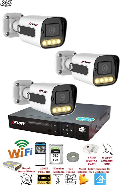 Fury 3 Kameralı Su Geçirmez 1080P 4x Ultra Ledli Gece Renkli Güvenlik Kamera Seti 5500 320 GB