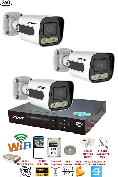 Fury 3 Kameralı Su Geçirmez 1080P 4x Ultra Ledli Gece Renkli Güvenlik Kamera Seti 5500 320 GB