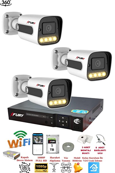 Fury 3 Kameralı Su Geçirmez 1080P 4x Ultra Ledli Gece Renkli Güvenlik Kamera Seti 5500 1 TB