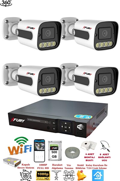 Fury 4 Kameralı Su Geçirmez 1080P 4x Ultra Ledli Gece Renkli Güvenlik Kamera Seti 5500 500 GB
