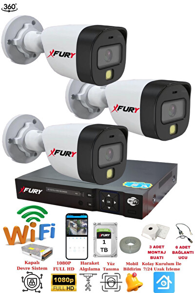 Fury 3 Kameralı 1080P 2Mp Görüntü Gece Renkli Full HD Ultra LED Gece Renkli Güvenlik Kamerası Seti 1 TB