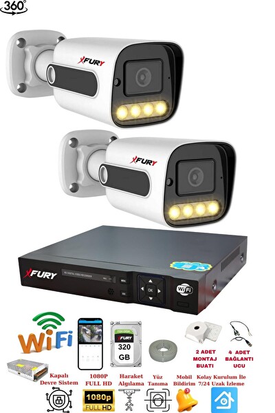 Fury 2 Kameralı Su Geçirmez 1080P 4x Ultra Ledli Gece Renkli Güvenlik Kamera Seti 5500 320 GB