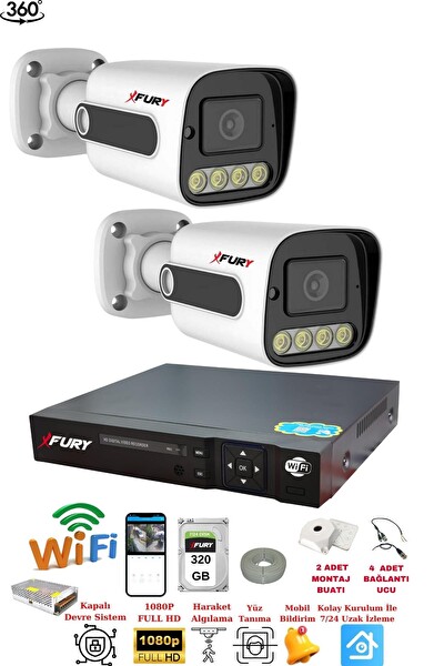 Fury 2 Kameralı Su Geçirmez 1080P 4x Ultra Ledli Gece Renkli Güvenlik Kamera Seti 5500 320 GB