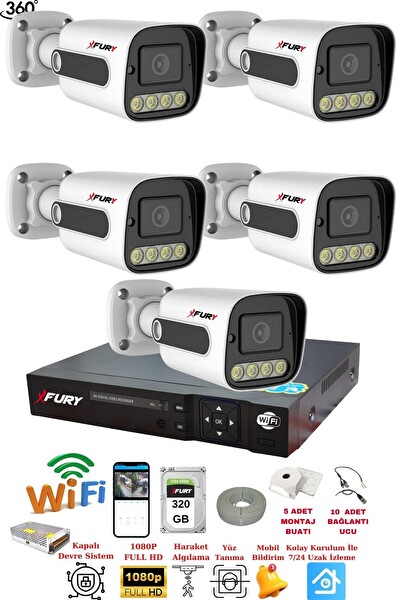 Fury 5 Kamera 1080P Görüntü Gece Renkli Full HD 4xUltra Led Gece Renkli Güvenlik Kamera Seti 320 GB