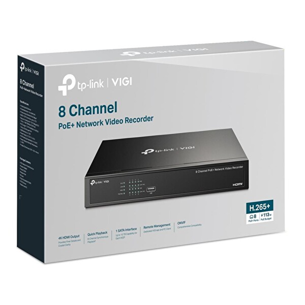 TP-Link VIGI NVR1008H-8MP 8 Kanal NVR (H.265+4K (2CH 8MP-4CH 4MP) PoE 113W Kayıt Cihazı