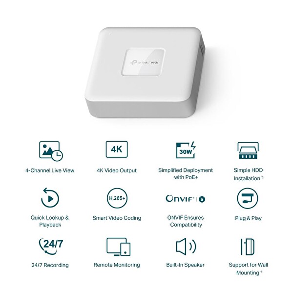 TP-Link VIGI NVR1104H-4P 4 Kanal NVR (H.265+4K (2CH 8MP-4CH 4MP) PoE 53W Kayıt Cihazı
