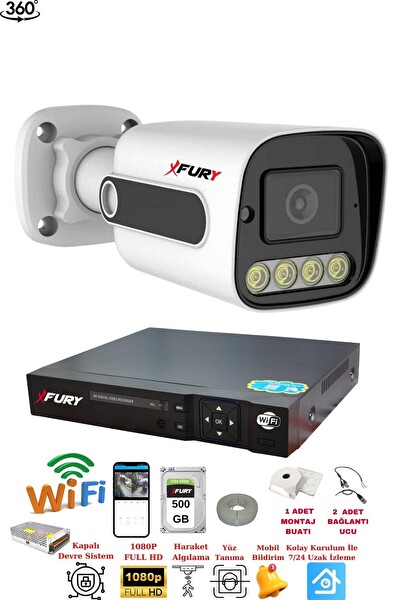 Fury 1 Kameralı Su Geçirmez 1080P 4x Ultra Ledli Gece Renkli Güvenlik Kamera Seti 5500 500 GB