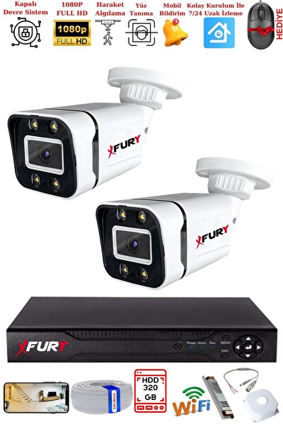 Fury 2 Kameralı 1080P Görüntü Gece Renkli Full HD 4 x Ultra LED Gece Renkli Güvenlik Kamerası Seti 320 GB