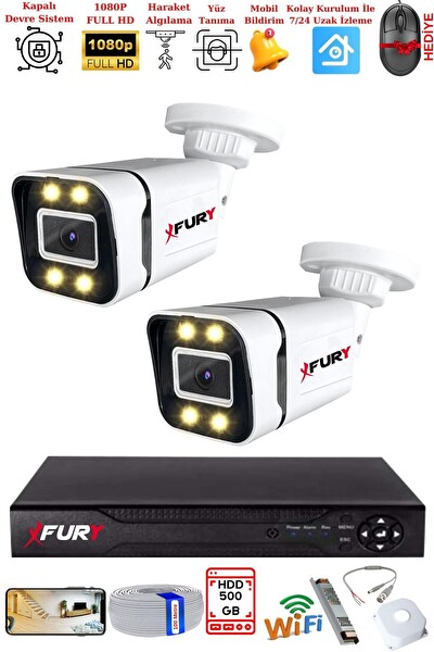 Fury 2 Kameralı 1080P Görüntü Gece Renkli Full HD 4 x Ultra LED Gece Renkli Güvenlik Kamerası Seti 500 GB