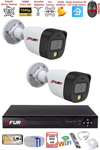 Fury 2 Kameralı 5 MP Lens 2 MP Görüntü Gece Renkli Full HD Ultra LED Akıllı Güvenlik Kamerası Seti 500 GB