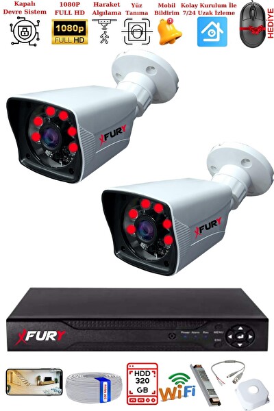 Fury 2 Kameralı 2 MP Full HD Görüntü 6 Atom LED Gece Görüşlü Dış Mekan Güvenlik Kamerası Seti 320 GB