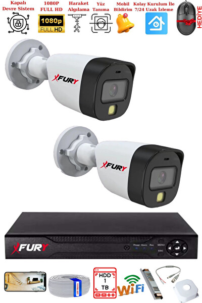 Fury 2 Kameralı 5 MP Lens 2 MP Görüntü Gece Renkli Full HD Ultra LED Akıllı Güvenlik Kamerası Seti 1 TB