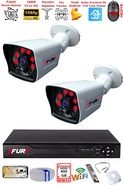 Fury 2 Kameralı 2 MP Full HD Görüntü 6 Atom LED Gece Görüşlü Dış Mekan Güvenlik Kamerası Seti 500 GB