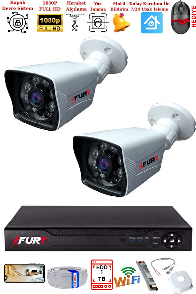 Fury 2 Kameralı 2 MP Full HD Görüntü 6 Atom LED Gece Görüşlü Dış Mekan Güvenlik Kamerası Seti 1 TB