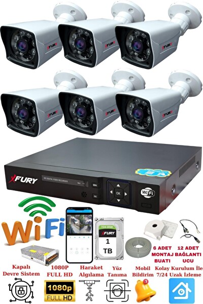 Fury 6 Kameralı 5 MP Lensli 1080P 2 MP Görüntü 6 Atom Gece Görüşlü FHD Güvenlik Kamerası 5525A 1 TB