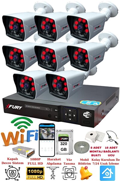 Fury 8 Kameralı 5 MP Lensli 1080P 2 MP Görüntü 6 Atom Gece Görüşlü FHD Güvenlik Kamerası 5525A 320 GB