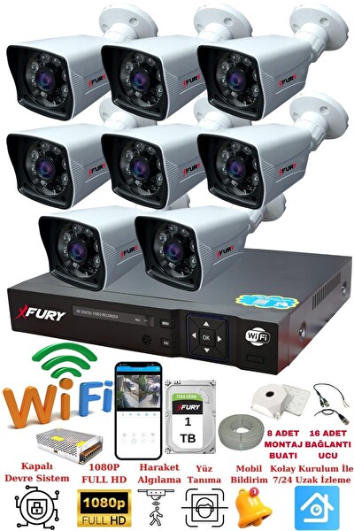 Fury 8 Kameralı 5 MP Lensli 1080P 2 MP Görüntü 6 Atom Gece Görüşlü FHD Güvenlik Kamerası 5525A 1 TB