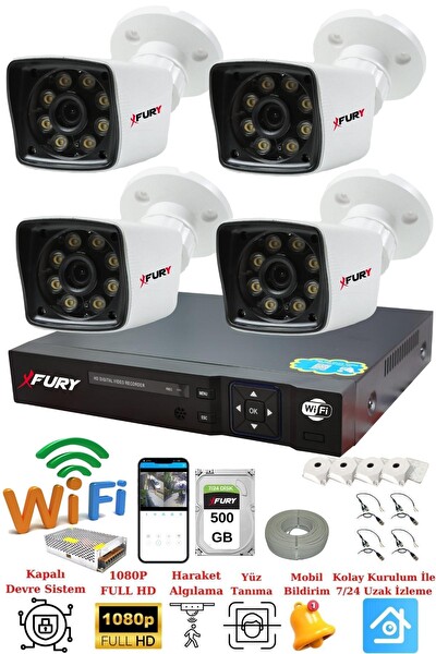 Fury 4 Kameralı 5 MP Lens 1080p 2 MP Color Görüntü 8 Warm Led Gece Görüş FHD Güvenlik Kamera 5525W 500 GB