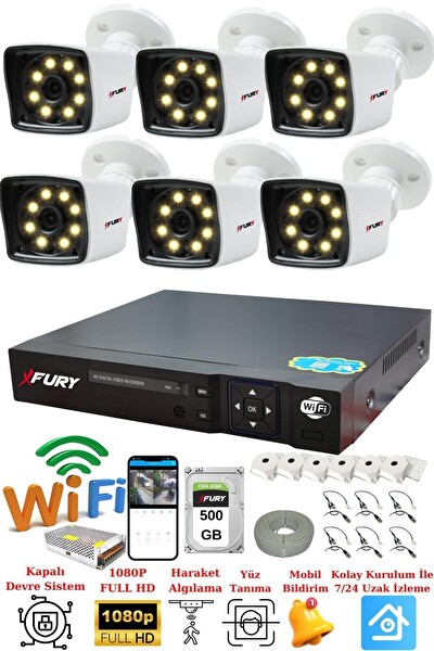 Fury 6 Kameralı 5mp Lens 1080p 2 MP Color Görüntü 8 Warm Led Gece Görüş FHD Güvenlik Kamera 5525W 500 GB