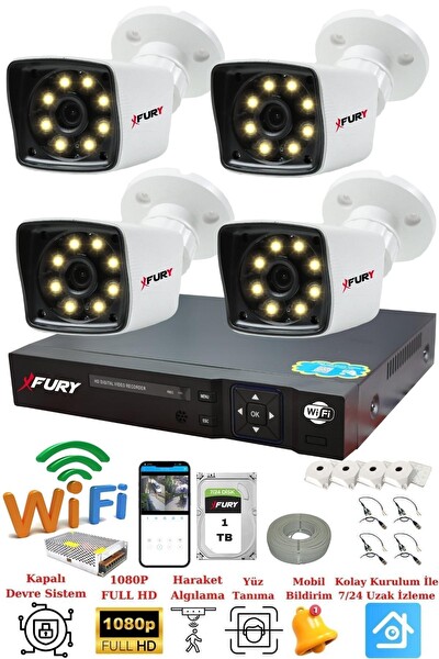 Fury 4 Kameralı 5mp Lens 1080p 2 MP Color Görüntü 8 Warm Led Gece Görüş FHD Güvenlik Kamera 5525W 1 TB