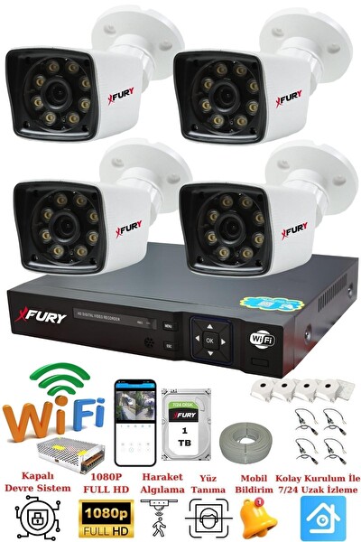 Fury 4 Kameralı 5mp Lens 1080p 2 MP Color Görüntü 8 Warm Led Gece Görüş FHD Güvenlik Kamera 5525W 1 TB