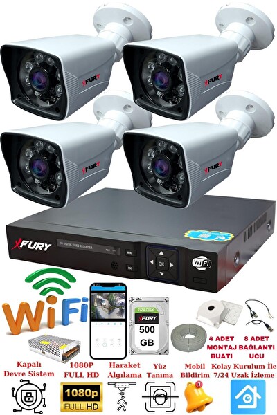 Fury 4 Kameralı 5 MP Lensli 1080P 2 MP Görüntü 6 Atom Gece Görüşlü FHD Güvenlik Kamerası 5525A 500 GB