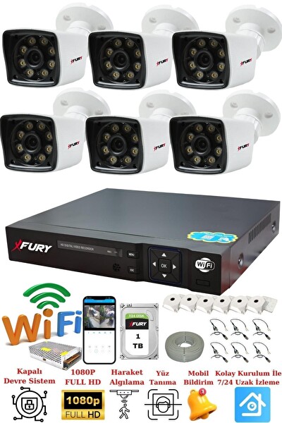 Fury 6 Kameralı 5 MP Lens 1080p 2 MP Color Görüntü 8 Warm Led Gece Görüş FHD Güvenlik Kamera 5525W 1 TB