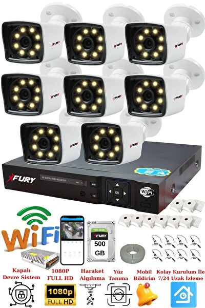 Fury 8 Kameralı 5 MP Lens 1080p 2 MP Color Görüntü 8 Warm Led Gece Görüş FHD Güvenlik Kamera 5525W 500 GB