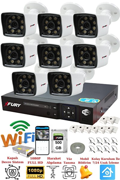 Fury 8 Kameralı 5 MP Lens 1080p 2 MP Color Görüntü 8 Warm Led Gece Görüş FHD Güvenlik Kamera 5525W 500 GB
