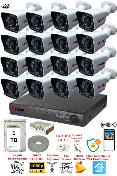 Fury 16 Kameralı 5 MP Lensli 1080P 2 MP Görüntü 6 Atom Gece Görüşlü FHD Güvenlik Kamerası 5525A 1 TB