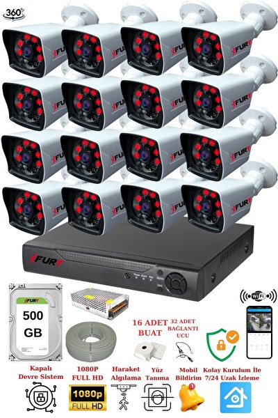 Fury 16 Kameralı 5 MP Lensli 1080P 2 MP Görüntü 6 Atom Gece Görüşlü FHD Güvenlik Kamerası 5525A 500 GB