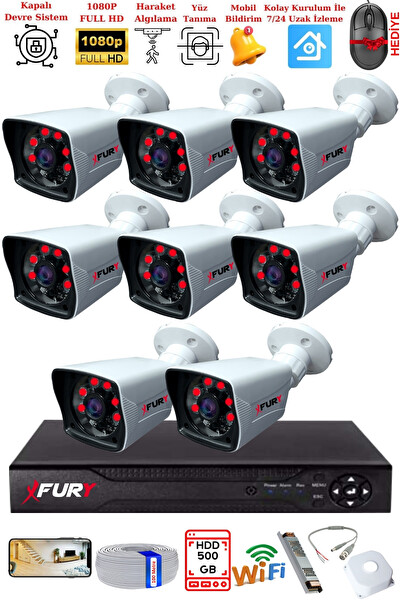 Fury 8 Kameralı 2 MP Full HD Görüntü 6 Atom Led Gece Görüşlü Dış Mekan Güvenlik Kamerası Seti 500 GB