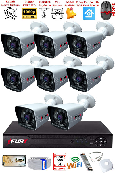Fury 8 Kameralı 2 MP Full HD Görüntü 6 Atom Led Gece Görüşlü Dış Mekan Güvenlik Kamerası Seti 500 GB