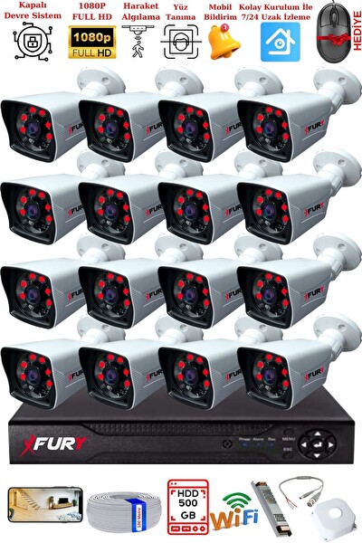 Fury 16 Kameralı 2 MP Full HD Görüntü 6 Atom Led Gece Görüşlü Dış Mekan Güvenlik Kamerası Seti 500 GB