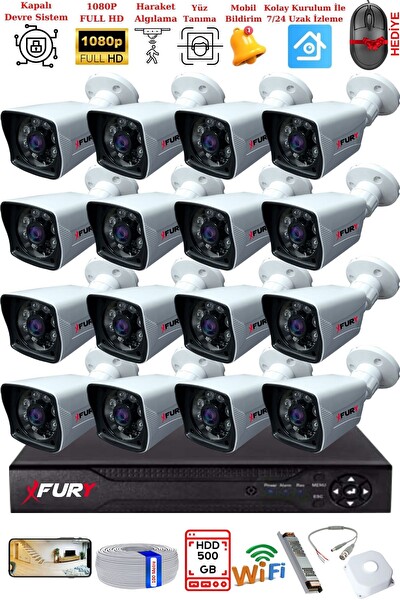 Fury 16 Kameralı 2 MP Full HD Görüntü 6 Atom Led Gece Görüşlü Dış Mekan Güvenlik Kamerası Seti 500 GB