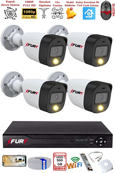 Fury 4 Kameralı 5 MP Lens 2 MP Görüntü Gece Renkli Full Hd Ultra Led Akıllı Güvenlik Kamerası Seti 500 GB
