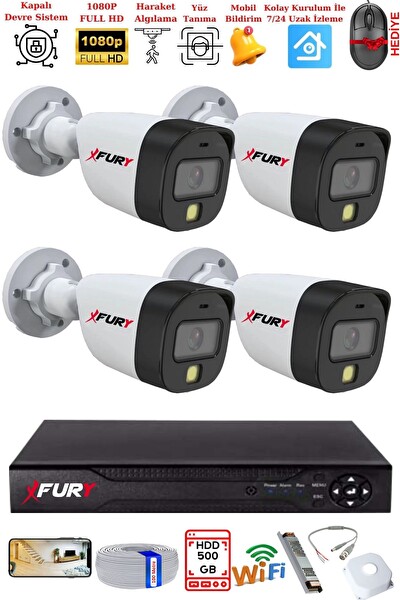 Fury 4 Kameralı 5 MP Lens 2 MP Görüntü Gece Renkli Full Hd Ultra Led Akıllı Güvenlik Kamerası Seti 500 GB