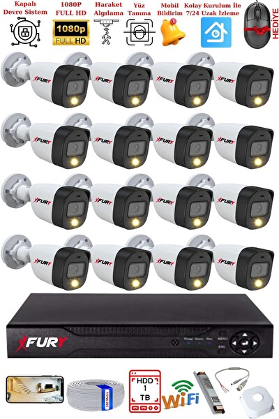 Fury 16 Kameralı 5 MP Lens 2 MP Görüntü Gece Renkli FHD Ultra Led Akıllı Güvenlik Kamerası Seti 1 TB