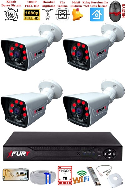 Fury 4 Kameralı 2 MP Full HD Görüntü 6 Atom Led Gece Görüşlü Dış Mekan Güvenlik Kamerası Seti 1 TB