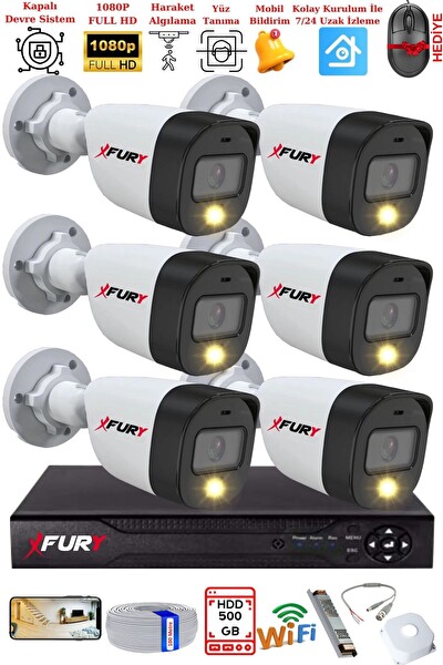 Fury 6 Kameralı 5Mp Lens 2 MP Görüntü Gece Renkli FHD Ultra Led Akıllı Güvenlik Kamerası Seti 500 GB