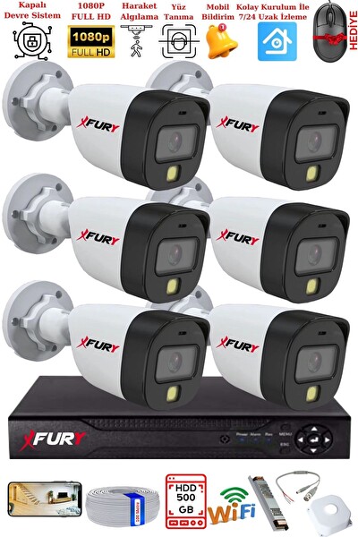 Fury 6 Kameralı 5Mp Lens 2 MP Görüntü Gece Renkli FHD Ultra Led Akıllı Güvenlik Kamerası Seti 500 GB