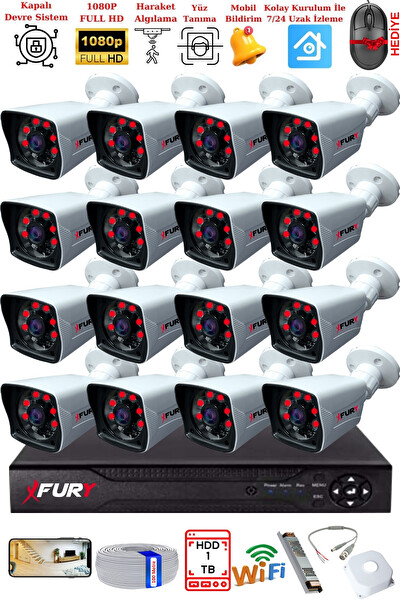 Fury 16 Kameralı 2 MP Full HD Görüntü 6 Atom Led Gece Görüşlü Dış Mekan Güvenlik Kamerası Seti 1 TB