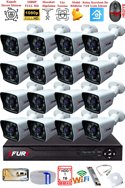 Fury 16 Kameralı 2 MP Full HD Görüntü 6 Atom Led Gece Görüşlü Dış Mekan Güvenlik Kamerası Seti 1 TB