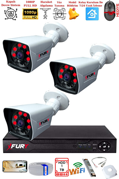 Fury 3 Kameralı 2 MP Full HD Görüntü 6 Atom Led Gece Görüşlü Dış Mekan Güvenlik Kamerası Seti 1 TB