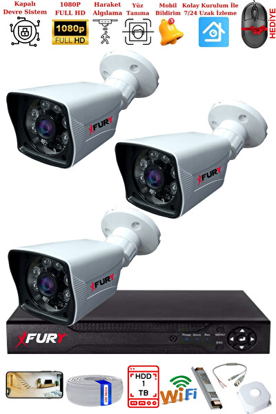 Fury 3 Kameralı 2 MP Full HD Görüntü 6 Atom Led Gece Görüşlü Dış Mekan Güvenlik Kamerası Seti 1 TB