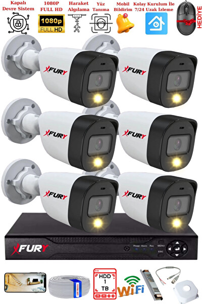 Fury 6 Kameralı 5 MP Lens 2 MP Görüntü Gece Renkli FHD Ultra Led Akıllı Güvenlik Kamerası Seti 1 TB
