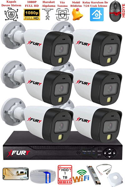 Fury 6 Kameralı 5 MP Lens 2 MP Görüntü Gece Renkli FHD Ultra Led Akıllı Güvenlik Kamerası Seti 1 TB